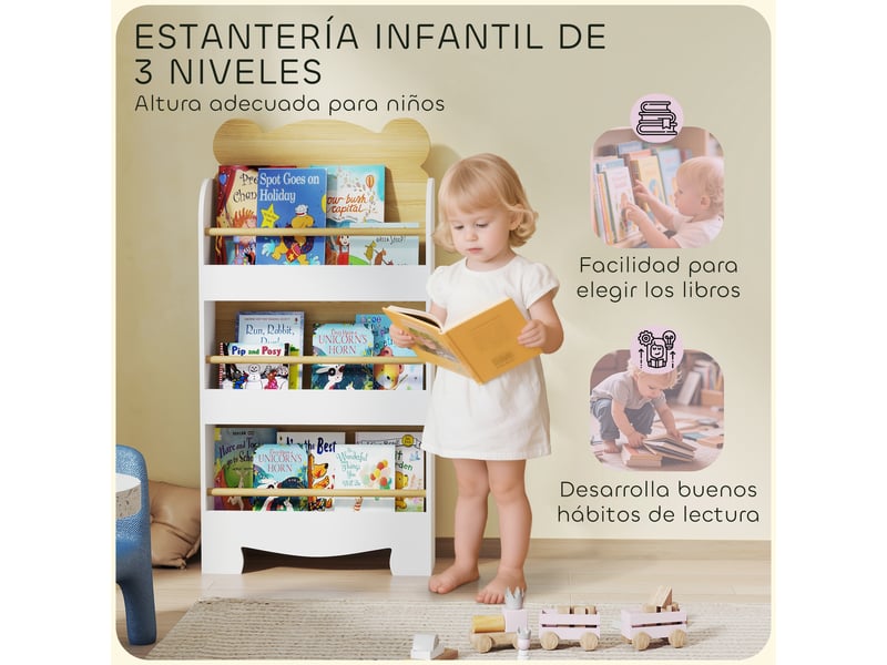 Bibliothèque pour enfants à 3 niveaux avec motif d'ours en peluche, bords arrondis et barrières de sécurité pour les livres et les jouets - Conforama E