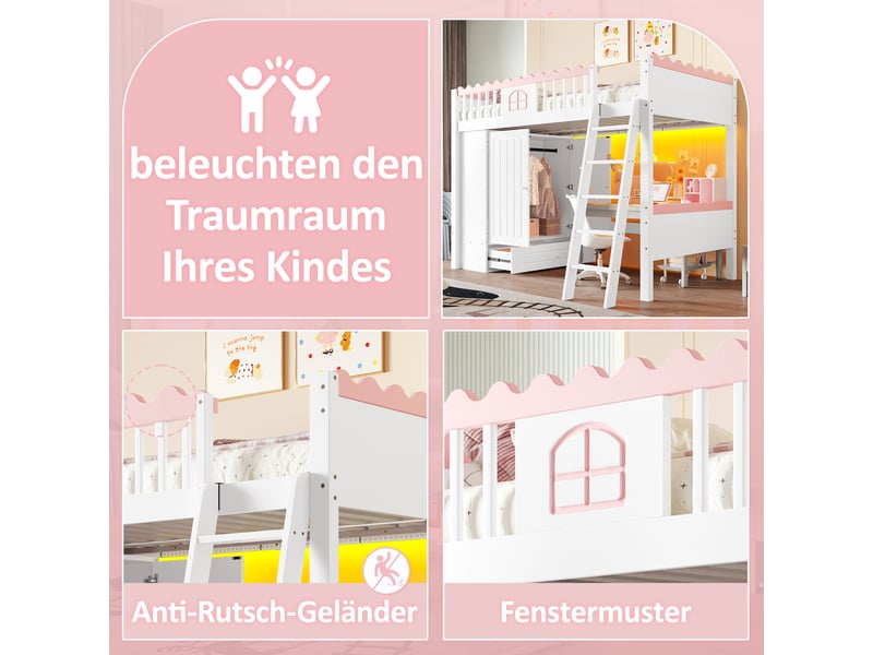  Lit mezzanine 90 x 200 cm, lit enfant surélevé, tiroirs de rangement, placard intégré, étagères ouvertes, éclairage led, bois massif, blanc Morn Vibe - Conforama E