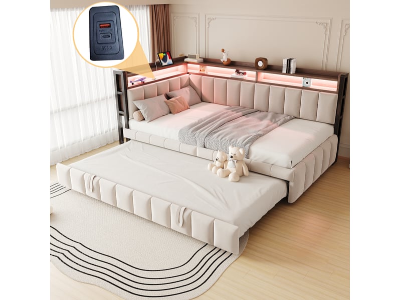  Modenvie canapé convertible gigogne 90x200 cm - led, usb et usb-c, avec rangements - beige  - Conforama B
