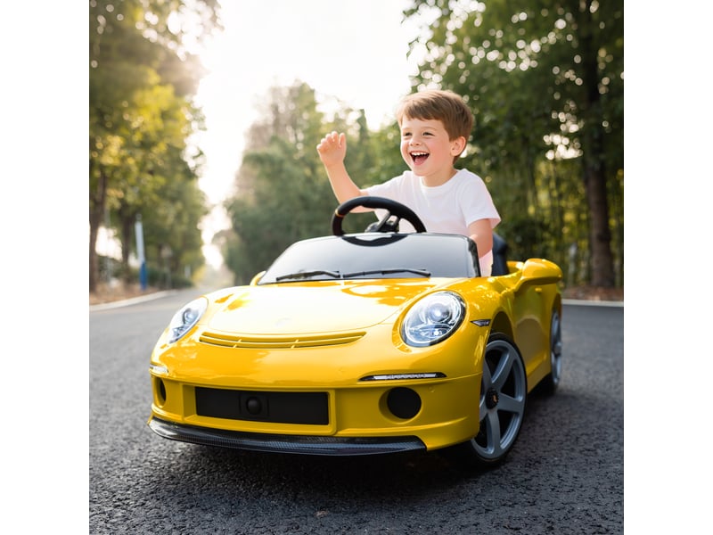  Voiture électrique pour enfants de 3 à 5 ans, télécommandée, avec musique, klaxon, port usb et ceinture de sécurité, jaune.  - Conforama C