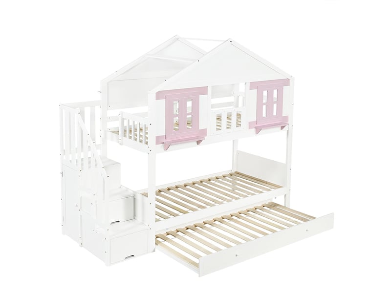  Lit superposé pour enfants 90 x 200 cm, avec penderie, fenêtre et toit, blanc et rose  - Conforama E