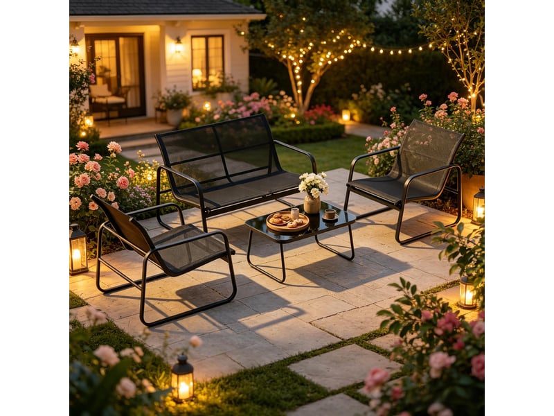 Ensemble salon de jardin 4 pièces moderne, table et 3 chaises extérieur élégant - Conforama E