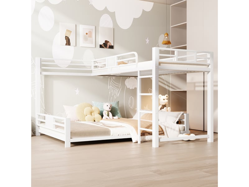  Lit superposé lit enfant en métal en l 90x200 cm au-dessus de 140x200, lit 2 personnes, blanc  - Conforama A