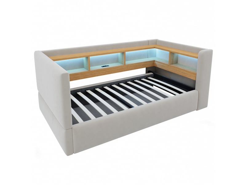 Canapé - lit 90×190 cm avec rangement hydraulique, équipé de lampes led, prises électriques et treillis de rangement, gris clair - Conforama R