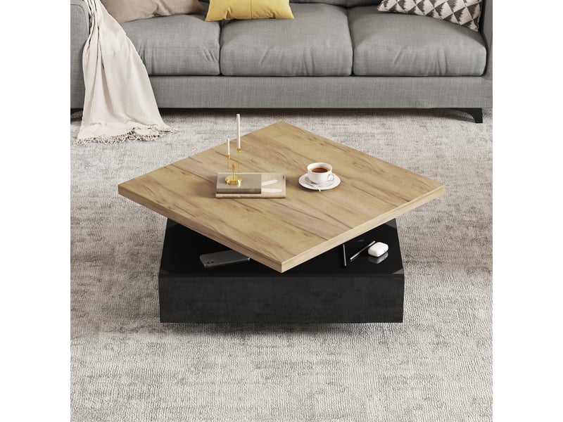 Table basse carrée pivotante 360° avec tiroir, table de salon 70x70 cm, finition noir brillant et noyer  - Conforama R