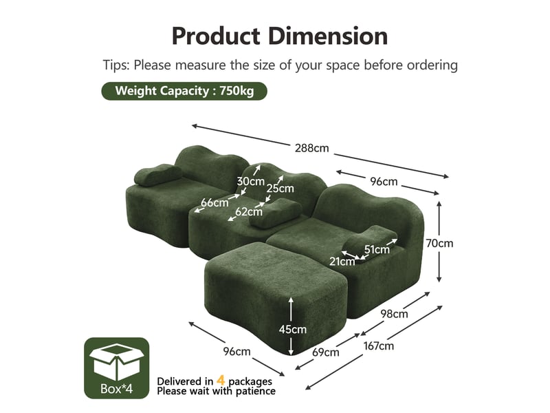  Canapé d'angle modulaire 3 places avec pouf et assise profonde en velours vert  - Conforama E