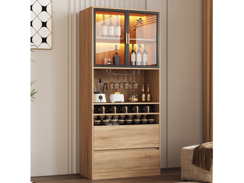 Vitrine avec portes vitrées, tiroirs, niches ouvertes et éclairage led réglable pour salle à manger, mdf naturel - Conforama D