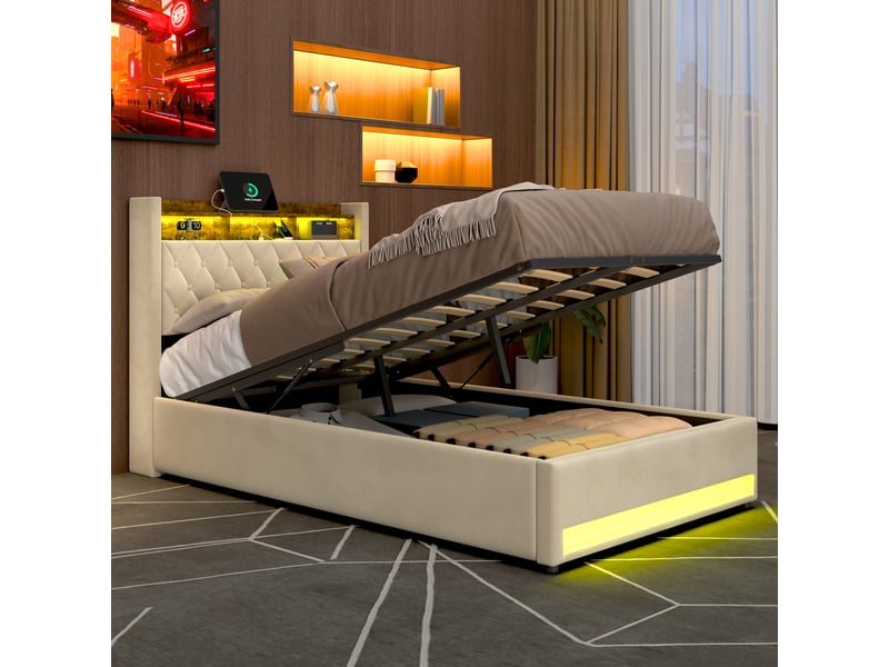  Lit coffre 140x190 cm beige en velours avec coffre de rangement, led et port usb intégré  - Conforama D