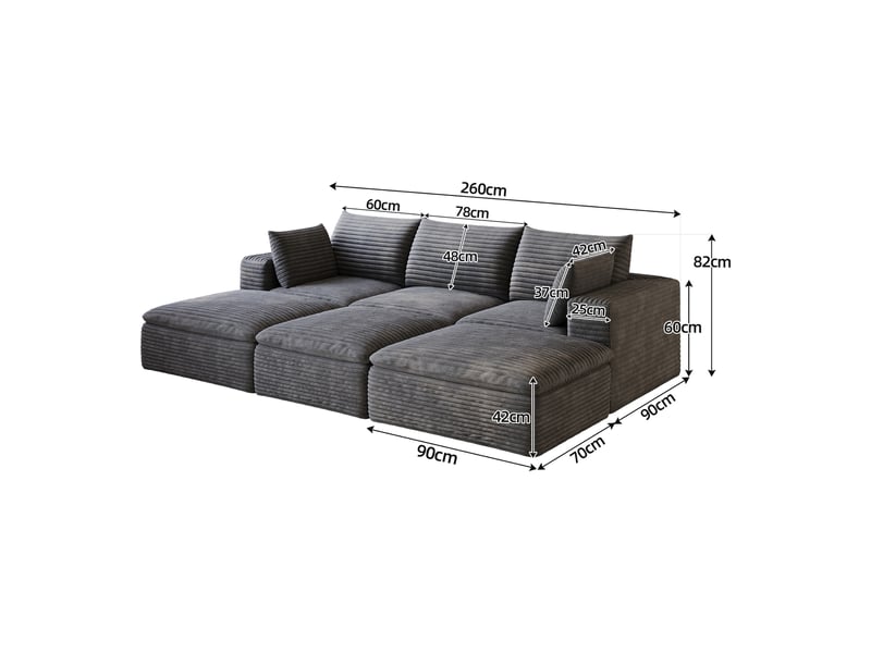  Grand canapé velours côtelé gris foncé 260 cm, canapé nuage sans montage pour salon et appartement  - Conforama C