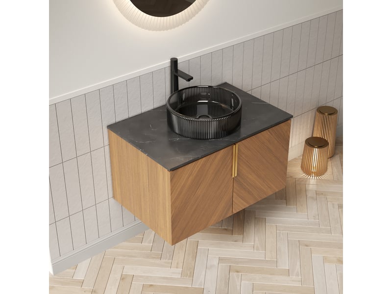 Meuble vasque mural 2 portes à fermeture douce - lpospi - rangement en verre et pierre frittée chêne brun 76 cm - Conforama B