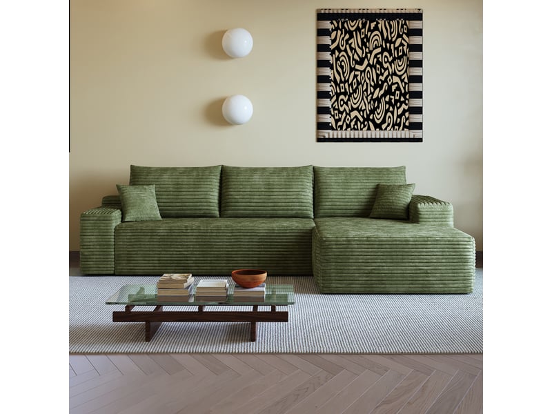  Canapé d'angle fixe 3 places 270 cm en velours côtelé vert, modulaire à assise profonde, angle droit  - Conforama E