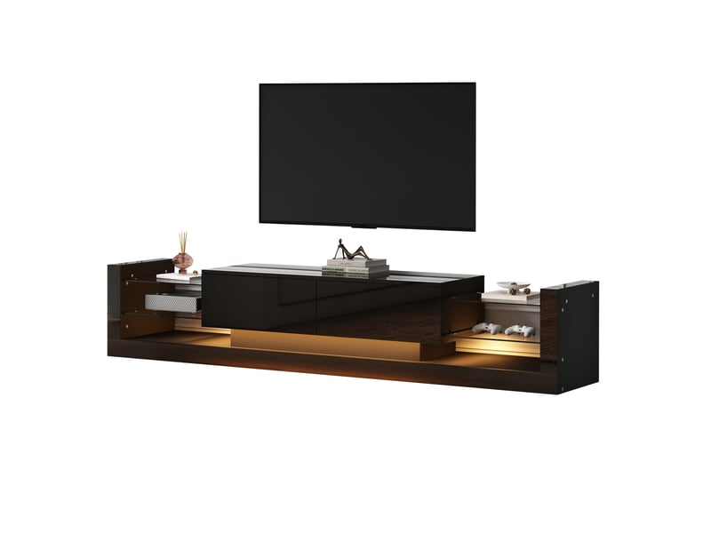  Meuble tv noir brillant avec éclairage led intégré 181 cm - pour tv jusqu'à 80 pouces - design moderne et élégant  - Conforama W