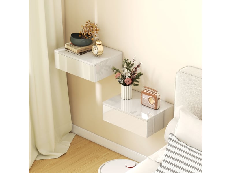  Lot de 2 tables de chevet murales,40x30x14 cm,avec tiroir,blanc  - Conforama E