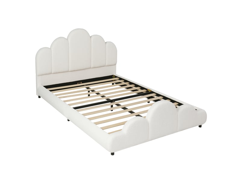 Lit enfant capitonné 140x200 cm, tête de lit rembourrée, coins arrondis, bouclé, beige - Conforama A