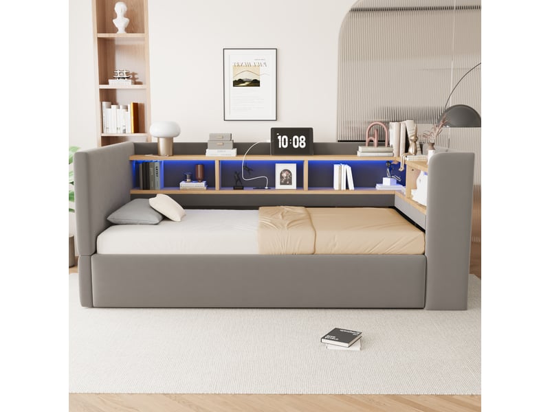  Canapé-lit 90x190 cm, lit enfant, couchage d'appoint, rangement hydraulique, gris foncé, led  - Conforama D