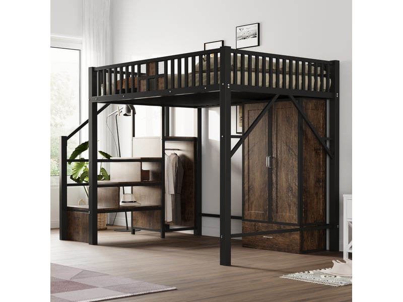  Lit mezzanine 140x200 cm, avec armoire intégrée, grands tiroirs, échelle de rangement, métal et bois noir, sans matelas  - Conforama B