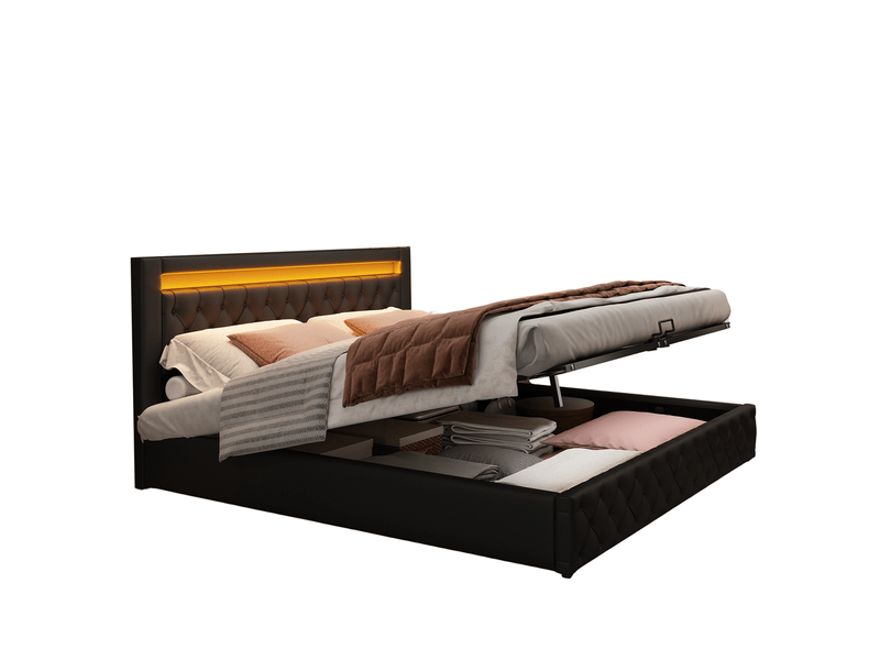  Lit coffre 140x200cm noir pu avec led rangement sommier  - Conforama E
