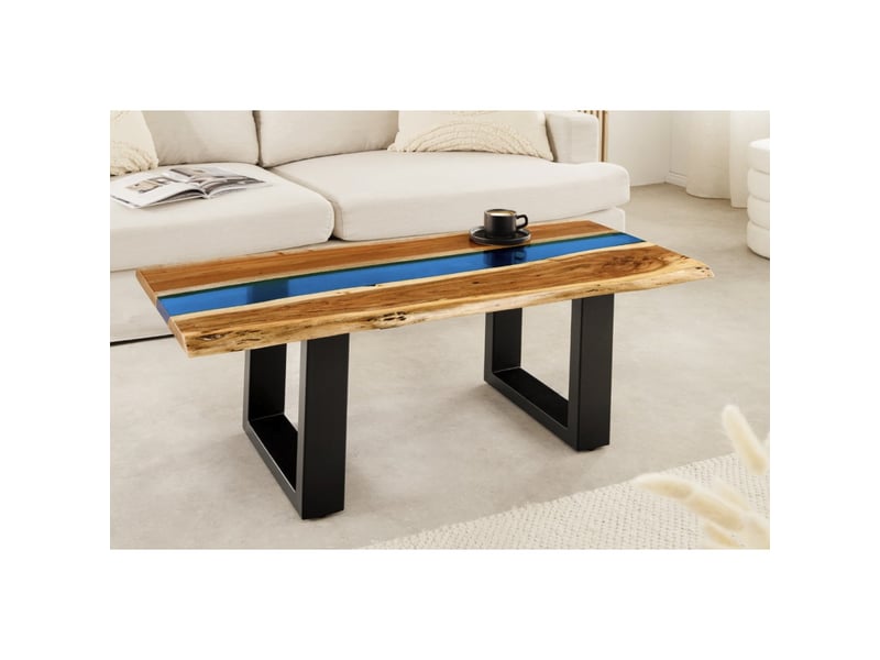 Table basse rectangulaire laguna en bois d'acacia massif et résine époxy bleue – design rivière avec pieds métal noir  - Conforama B