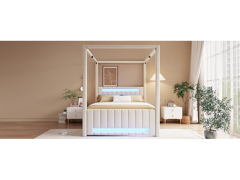 Lit à baldaquin rembourré 140x200 cm lit gigogne 3 tiroirs éclairage led beige - Conforama D