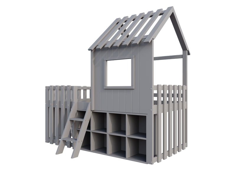  Lit superposé cabane avec rangement, bois massif gris, 90x200 cm, toit, fenêtre et échelle d'escalade  - Conforama D