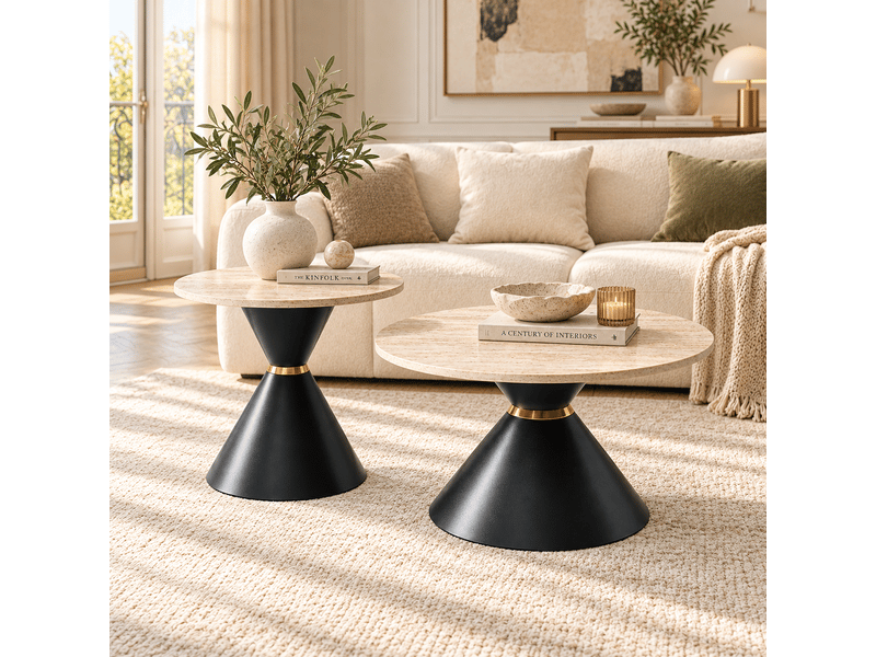 Lot de 2 tables basses rondes ø 7050 cm, plateaux effet travertin, table d'appoint, piètements coniques en métal noir et doré - noir et beige - Conforama B