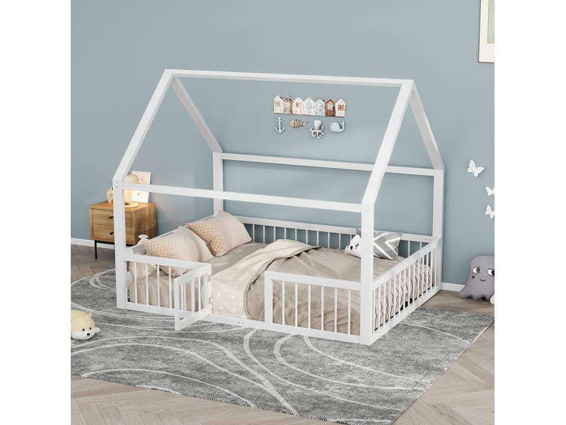 Lit enfant métal 140 x 200 cm robuste sécurisé gain de place design toit garde-corps métal blanc sans matelas - Conforama W
