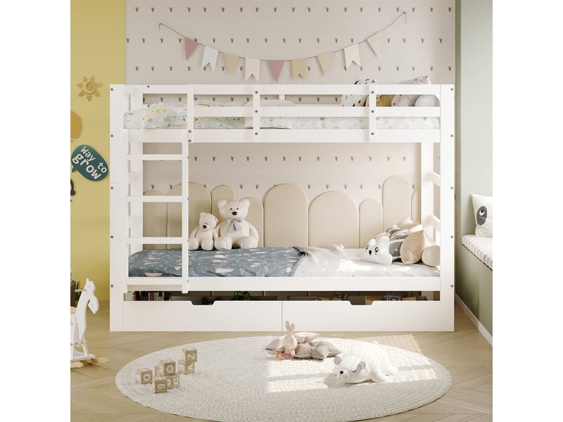 Lit superposé 90 x 200 cm séparable en 2 lits simples - 2 tiroirs de rangement sur roulettes - échelle latérale fixe - 2 sommiers à lattes inclus - modèle modulable 2 en 1 - cadre de lit enfant pour chambre d'enfant ou d'ado mod… - Conforama C