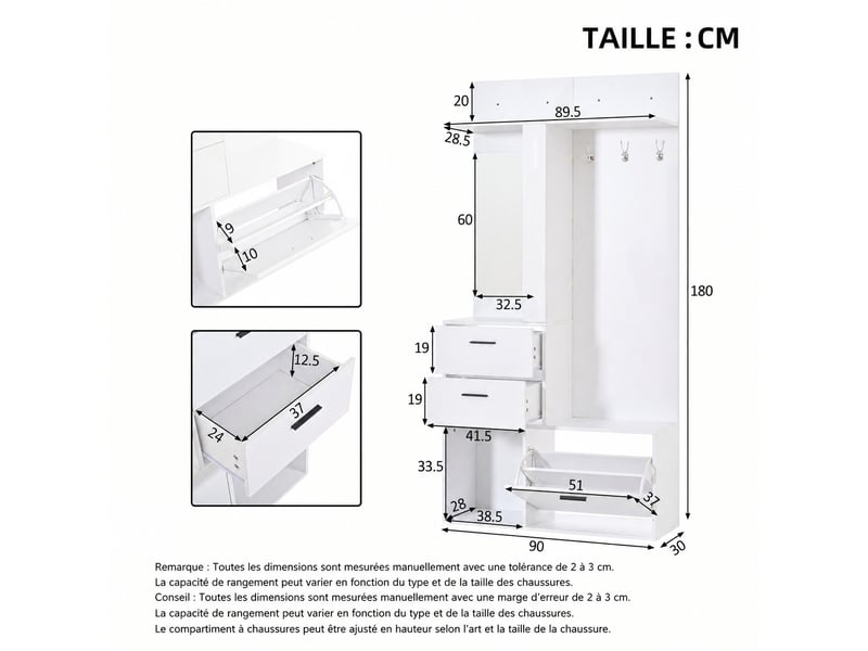  Meuble d’entrée avec miroir en pied, range-chaussures rabattable, 90 x 30 x 180 cm, blanc  - Conforama D