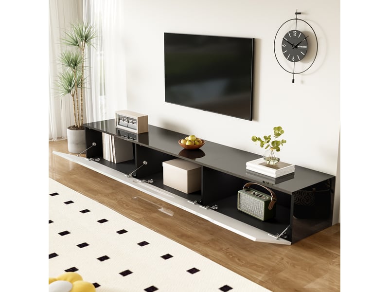  Meuble tv blanc avec éclairage led 16 couleurs - design mural moderne, rangement spacieux, mdf 180×35×30 cm  - Conforama D