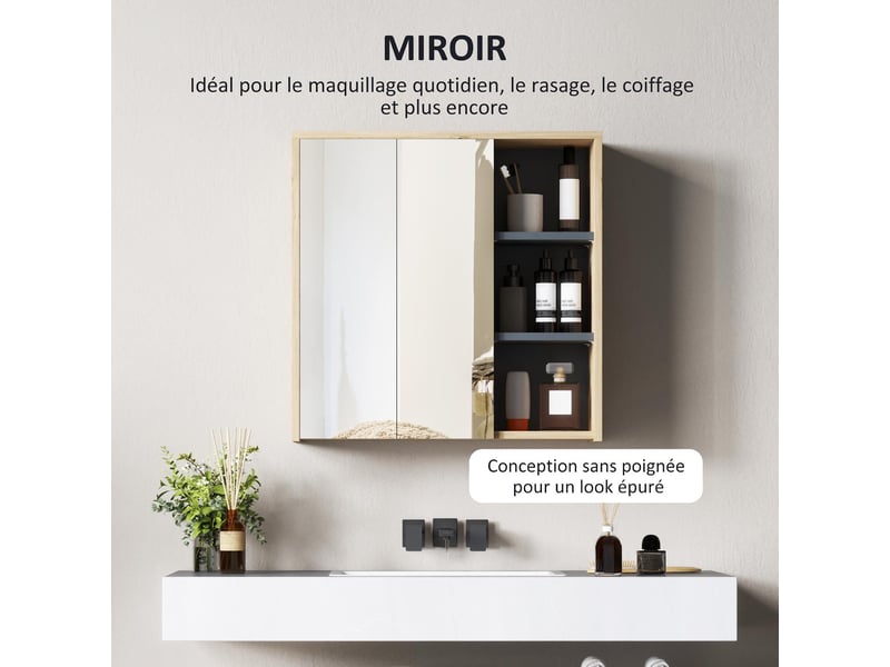  Armoire de toilette avec miroir et 3 étagères ouvertes en mdf bois naturel 60x20x60 cm  - Conforama E