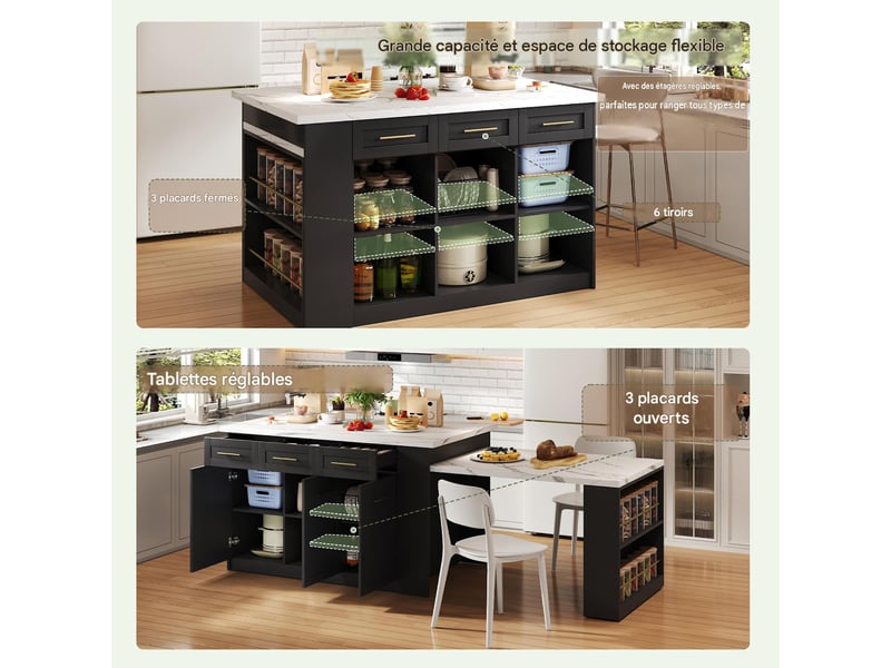  Îlot de cuisine avec table extensible et 6 tiroirs en mdf noir et blanc 150x90 cm  - Conforama E