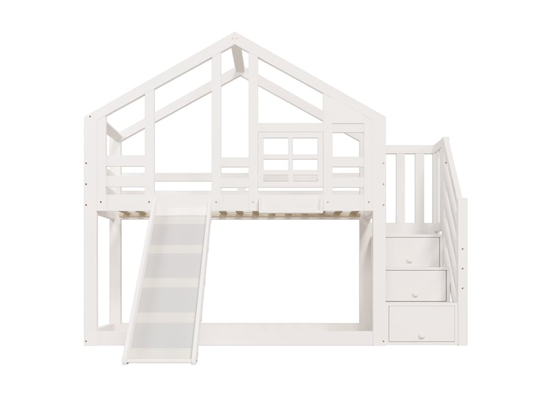 Lit superposé cabane enfant 90 x 200 cm avec toboggan, escalier de rangement, barrières et 2 sommiers, blanc AB400213456W - Conforama A