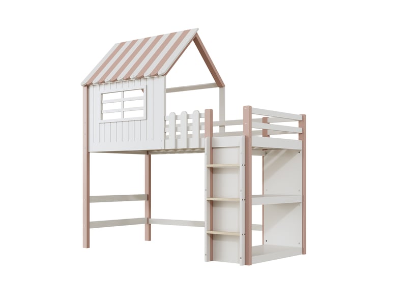  Lit enfant maison 90x200 cm rose avec échelle de sécurité et rangement, bois massif, sans matelas  - Conforama A