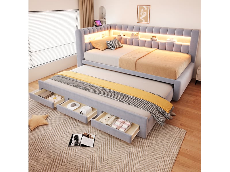  Lit banquette modenvie 90 x 190 cm gigogne avec tiroirs led usb type-c velours gris clair  - Conforama B