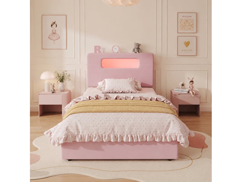  Lit avec rangement enfant 90x200 cm en velours rose avec 4 tiroirs et éclairage led  - Conforama D