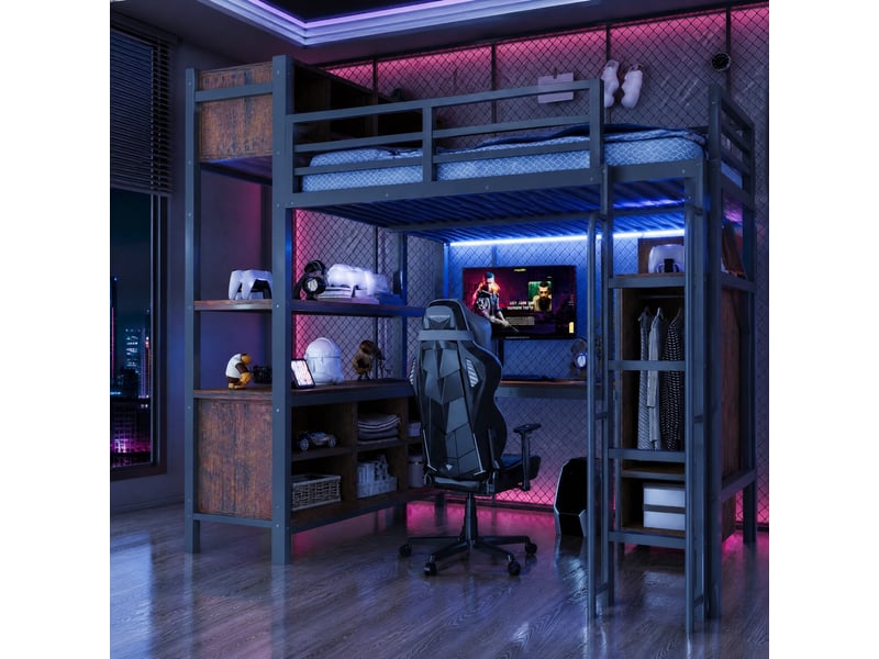  Lit mezzanine multifonction modenvie 140 x 200 cm avec bureau, armoire, étagères, led, prises européennes, noir  - Conforama E