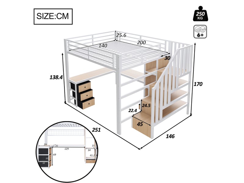  Lit mezzanine enfant 140x200 cm avec bureau, led et rangements blanc  - Conforama C