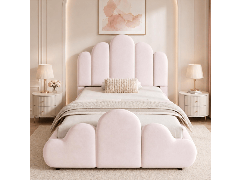  Lit enfant velours rose 90x200 cm - cadre capitonné design nuage avec sommier  - Conforama R