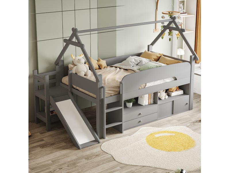 Lit mezzanine 90x200 cm, toboggan, rangements, cadre en bois forme maison, 2 tiroirs, gris, sécurisé - Conforama D