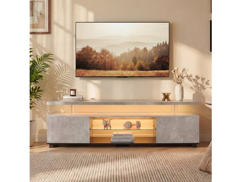  Meuble tv tcqpz 130 x 40 x 48 cm pour tv 60 pouces led multicolore rangement gris et noir  - Conforama E