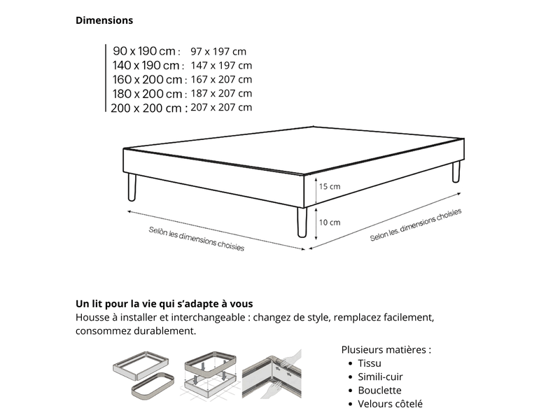  Ensemble sommier deco et matelas cosmos 140x190 cm - tissu gris foncé - collection tissu PREMIUM - Conforama E