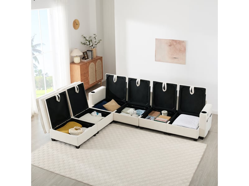  Canapé d'angle, canapé modulable, en velours côtelé, beige, porte-gobelets, repose-pieds, design moderne, usb  - Conforama E