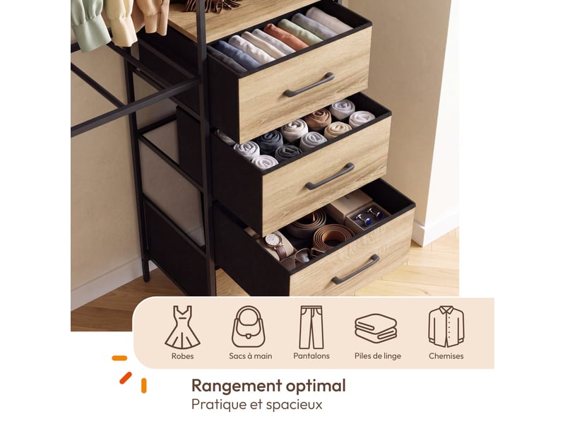  Dressing double xxl utah 180 cm avec porte pantalons, étagères, bacs en tissu et porte chaussures bois et noir  - Conforama E