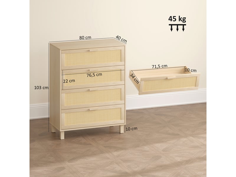  Commode 4 tiroirs cannage en rotin dim. 80l x 40l x 103h cm mdf aspect clair bois  - Conforama C