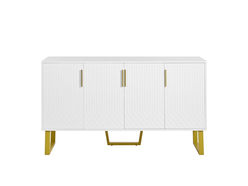  Buffet blanc 140x40x80 cm – 4 portes, design géométrique, pieds et poignées métal, meuble salon moderne  - Conforama A