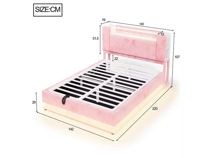  Lit coffre connecté 140 x 200 cm rose, éclairage led, ports usb et relevage hydraulique en velours  - Conforama B