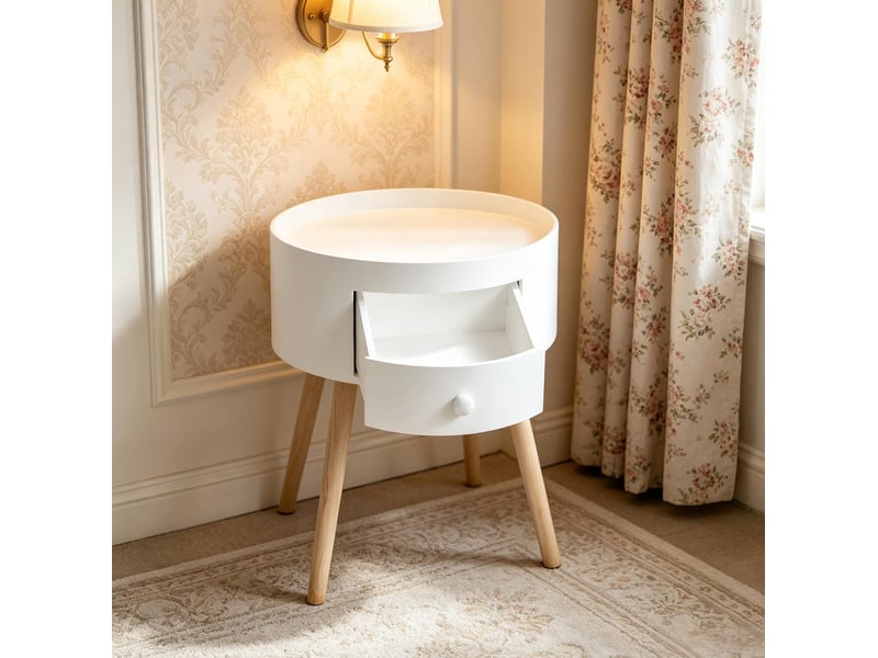  Table de chevet ronde avec tiroir, plateau à rebord, blanc et bois clair  - Conforama E
