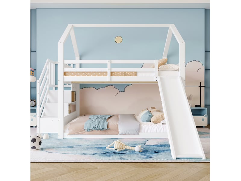  Lit superposé enfant 140x200 cm avec escalier de rangement et toboggan blanc  - Conforama D