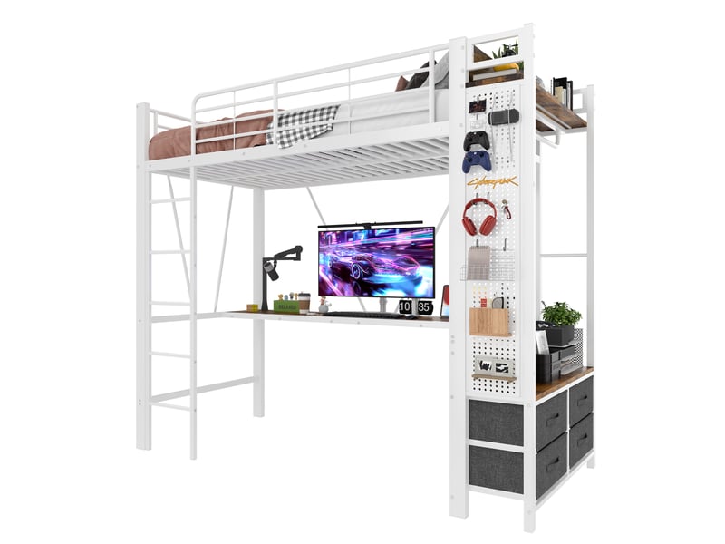  Lit mezzanine 90 x 200 cm bureau intégré penderie 4 tiroirs panneau perforé led ports usb-c métal blanc sans matelas  - Conforama A