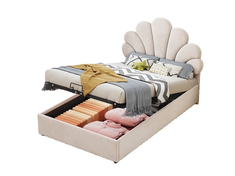 Lit coffre 90x200 cm - lit simple avec rangement hydraulique et tête de lit fleur - velours + métal + contreplaqué + mdf - sans matelas - beige - Conforama A